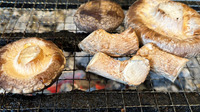 代表お気に入りの椎茸の食べ方（囲炉裏で、焼いて醤油をたらり。
